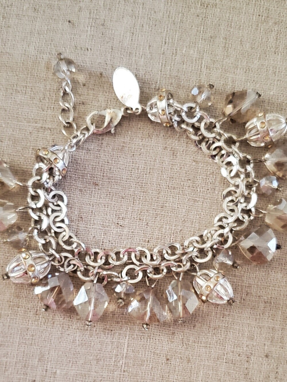 White House Black Market Silver Tone Smoky Crystal Faceted Dangle Charm Bracelet